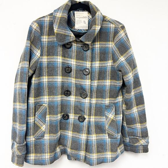 SZ XL Aeropostale Plaid Short Wool Blend Trench Blue Gray Yellow - Picture 1 of 7
